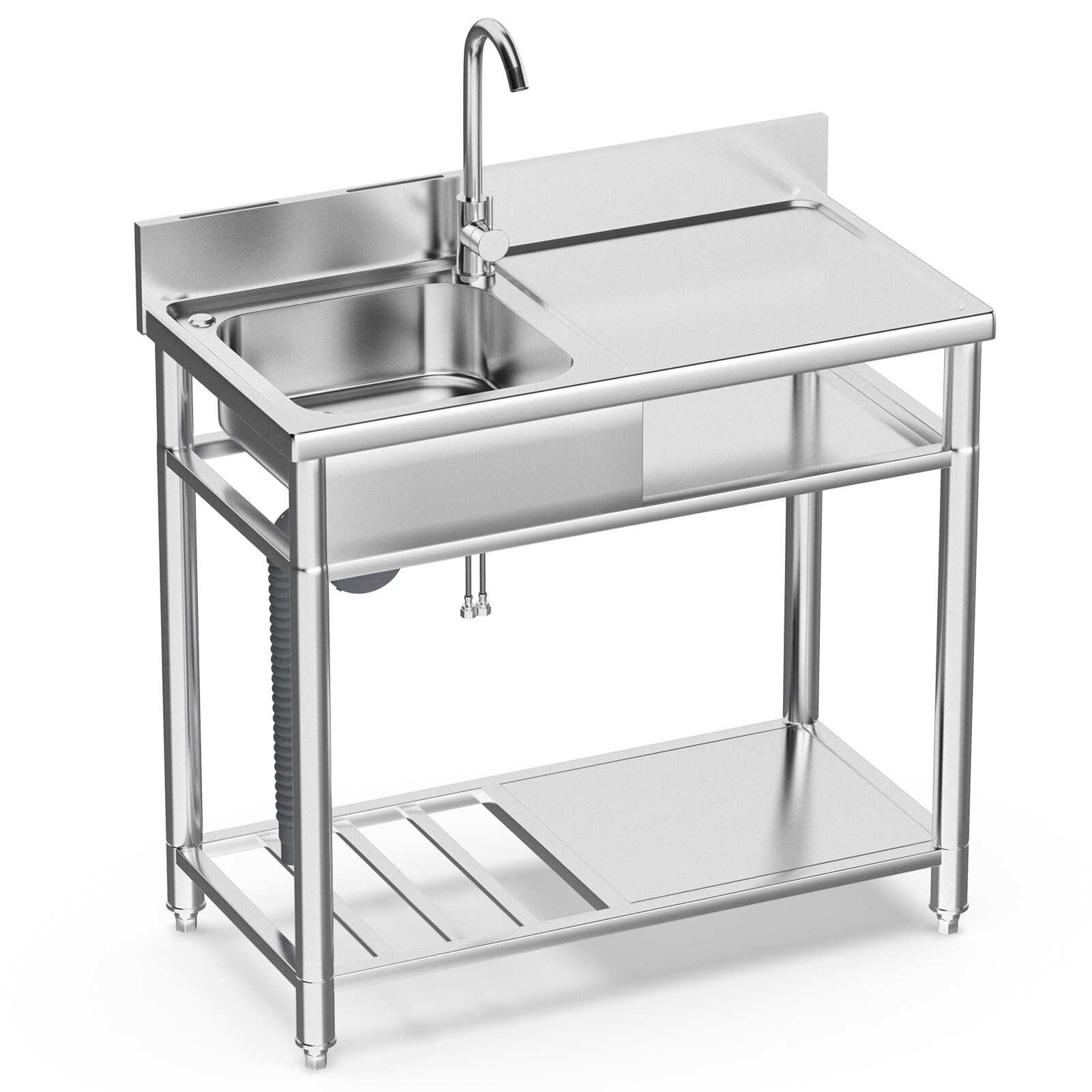 Stainless Steel Utility Sink, 39 Inch Single Bowl Kitchen Sink with Cold Hot Water Pipe Standard Stainless Steel Utility Sink, 39 Inch Single Bowl Kitchen Sink with Cold Hot Water Pipe Standard