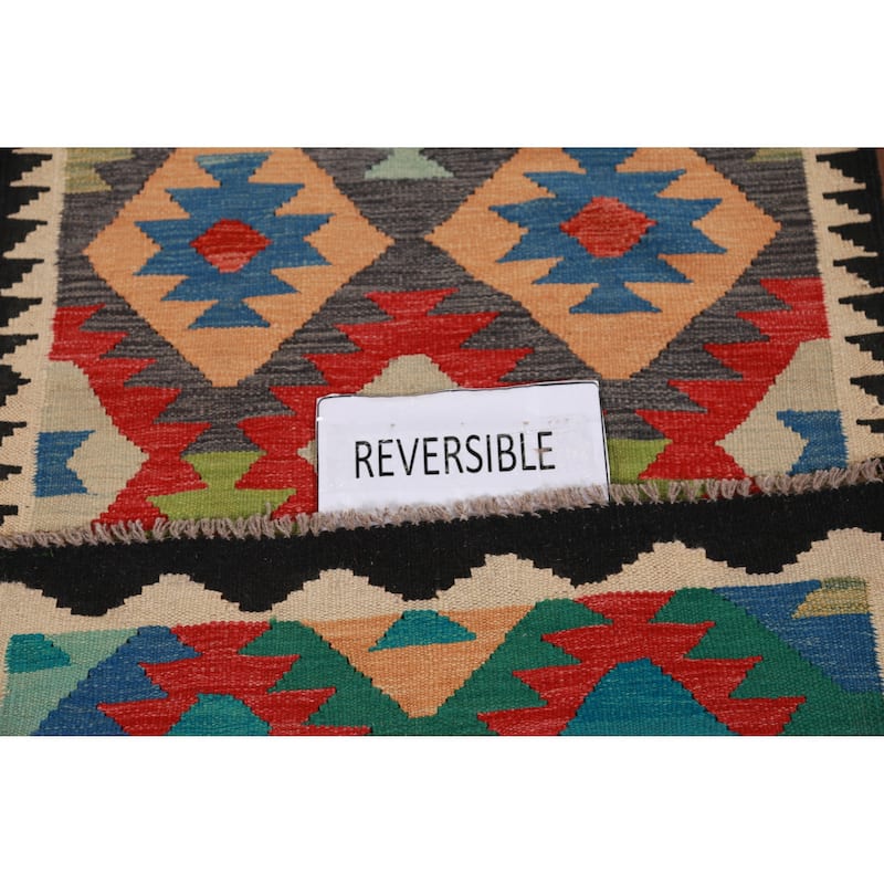 Hand Woven Oriental 100% Wool Carpet Southwestern Geometric Multi-Colored Kilim Runner Rug - 12' 10'' X 2' 9''