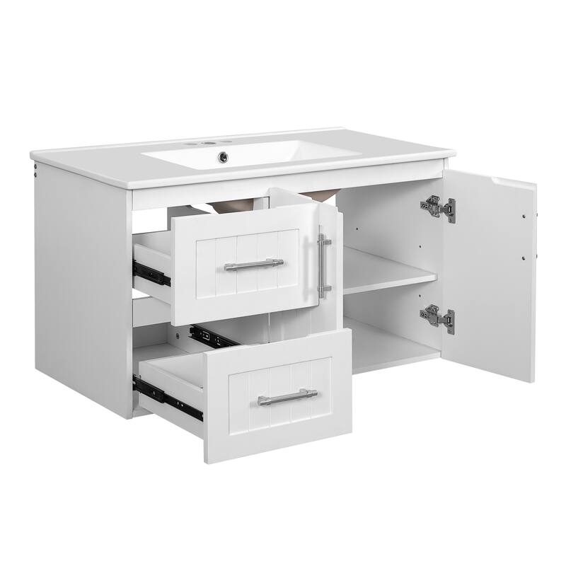 36" Wall Mounted Bathroom Vanity, Floating Bathroom Storage Cabinet with 2 Drawers, 3 Holes Single Ceramic Sink