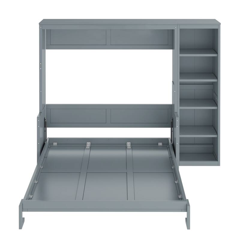 Queen Size Murphy Bed with Desk and Bookshelf in Gray, Space-saving Design