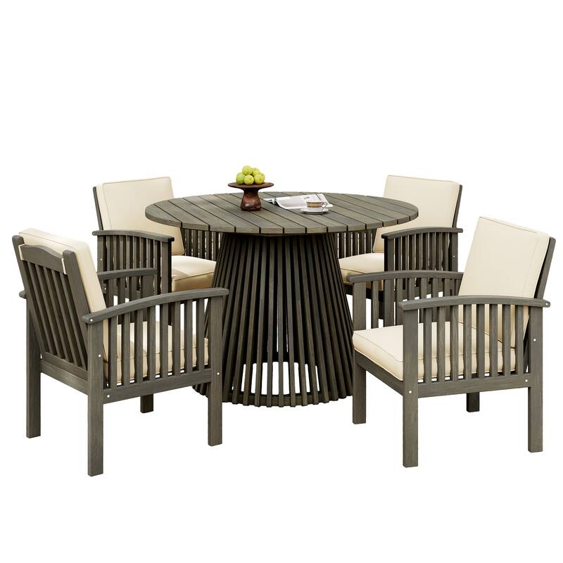 Roomfitters 3-Piece Acacia Wood Patio Set, 2 Modern Club Chairs & Dining Table, Grey Finish with Cream Cushions