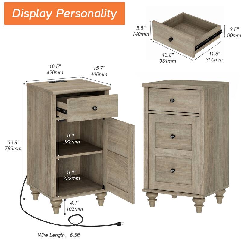 Set of 2 End Tables with Charging Station & Drawer Storage Cabinet