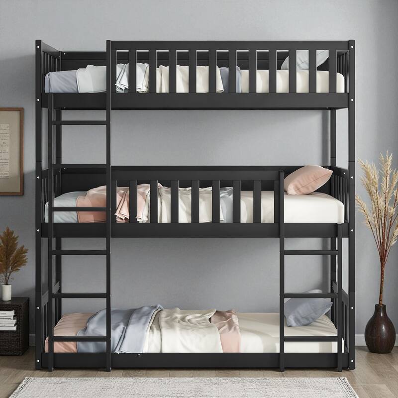 Twin Over Twin Over Twin Rubber Wood Triple Bunk Bed with Guardrails and Ladders, Detachable Convertible Triple Twin Bed Frame - Black - Twin