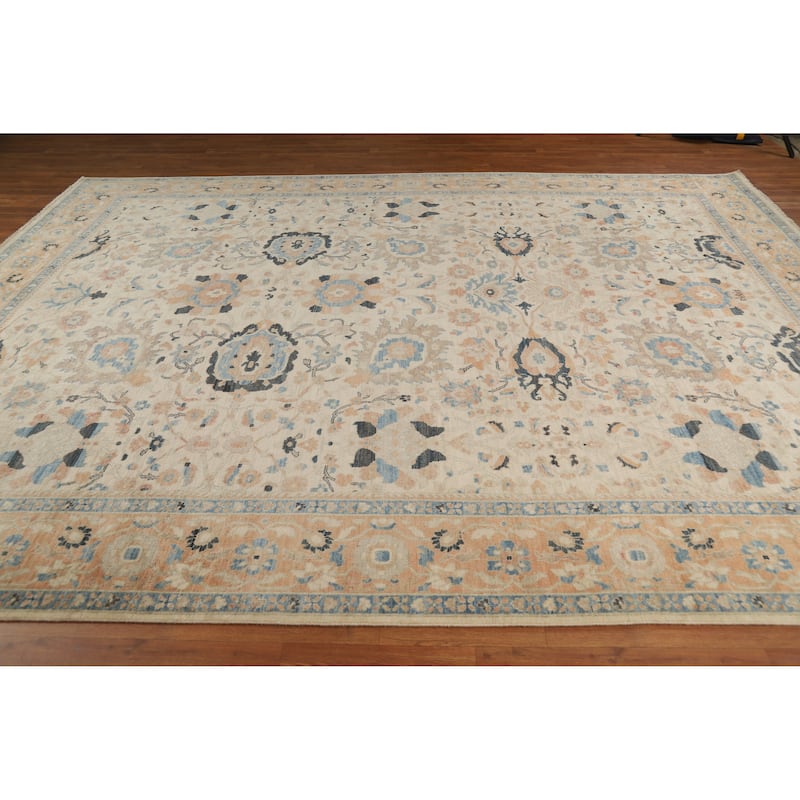 Hand Knotted Oriental 100% Wool Carpet Transitional All-Over Beige & Ivories Oushak Area Rug - 11' 10'' X 9' 0''