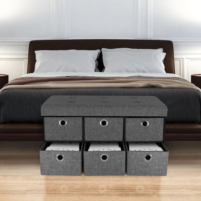 Storage Bench Chest with Drawers - Collapsible Folding Bench Ottoman Includes Cover (Gray)