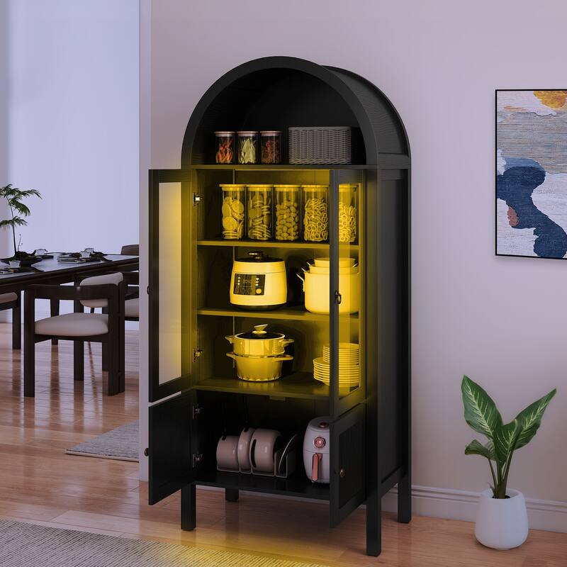 Moasis 71 Inch Tall Arched Display Cabinet with LED Lighting and Glass Doors for Living Room or Dining Room Storage
