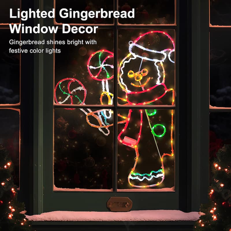 Puleo International 2' Gingerbread Window Decoration with 159 Multi-Color LED Tube Lights with Motion - Brown