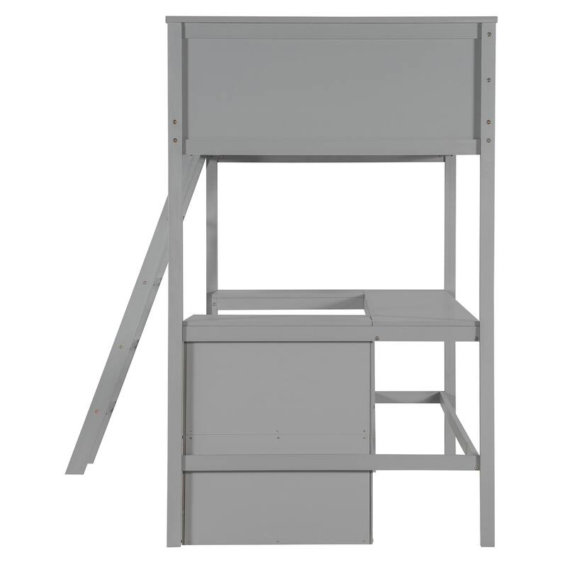 Space-Saving Twin Loft Bed with Desk and Shelves, Gray Finish