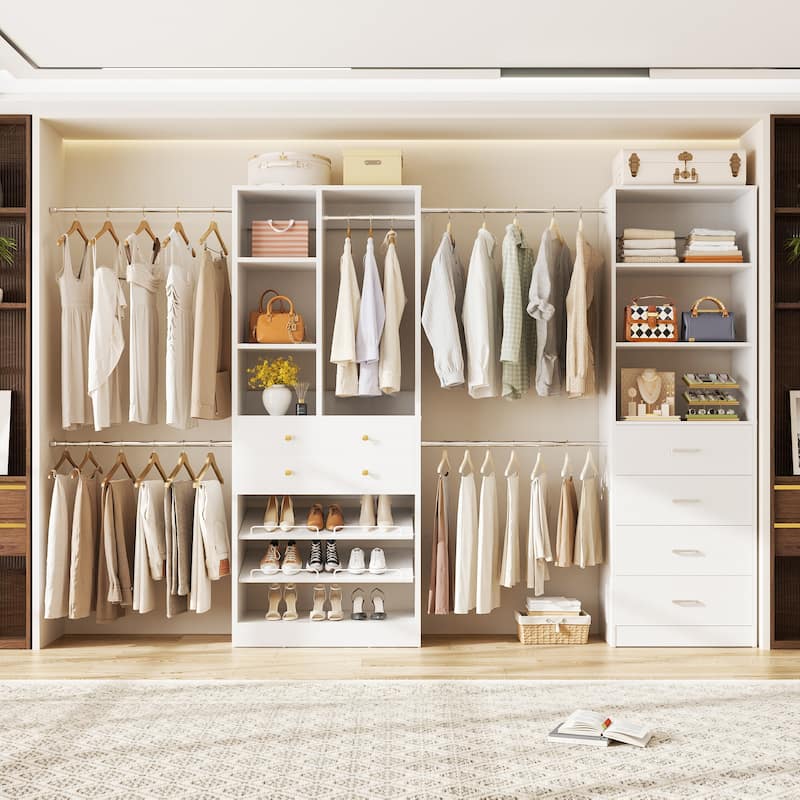 Set of 2 Closet Organizer System with Wood Drawers, Amoire Wardrobe with Hanging Rods - White