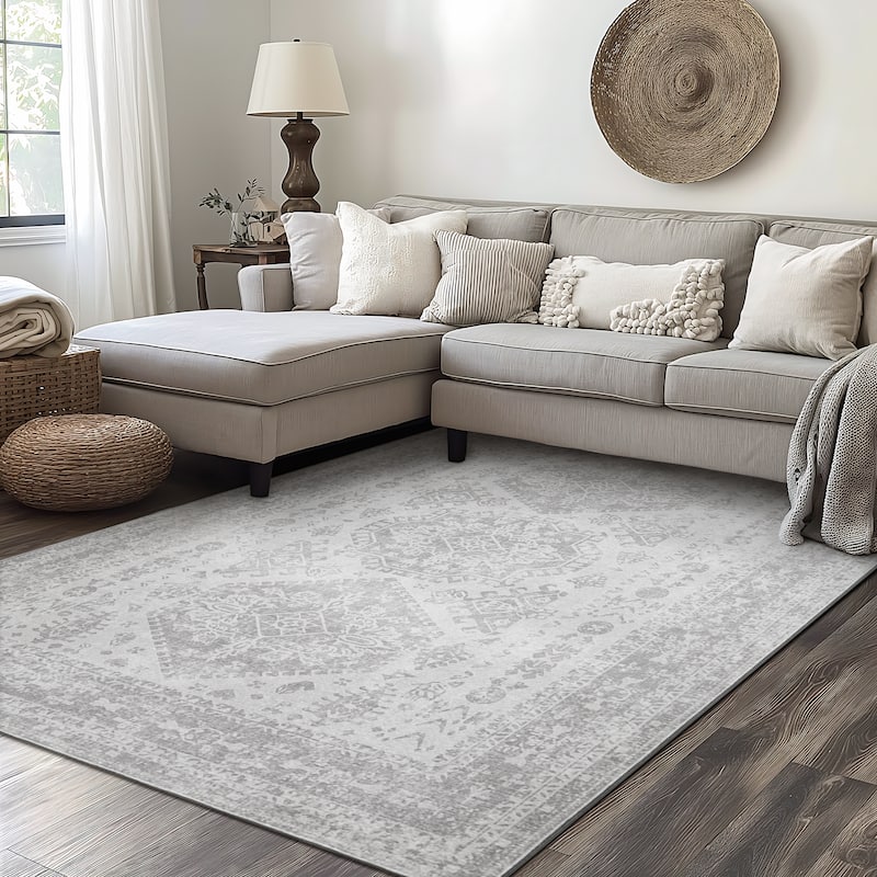 Mcow Floral Faded Low Pile Machine Washable Non-Slip Area Rug - 5'X7' - GREY - Rectangle