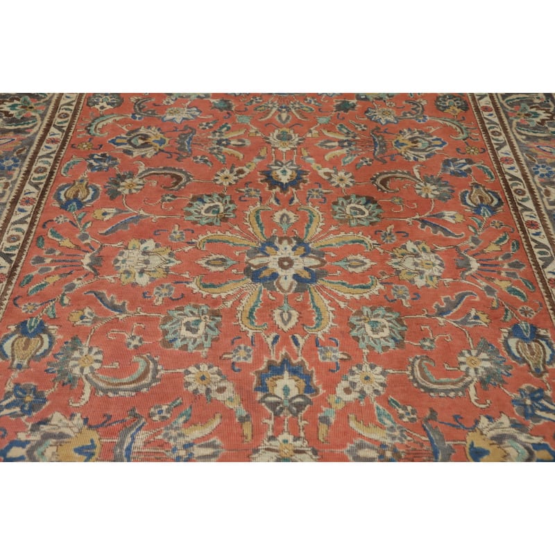 Hand Knotted Oriental 100% Wool Carpet Traditional Floral Oranges & Rust Tabriz Area Rug - 9' 9'' X 6' 4''