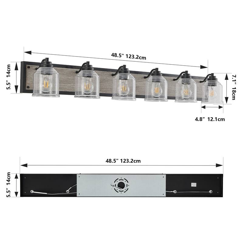 49" Farmhouse Vanity Light Fixture, 6-Light Bathroom Wall Sconce with Clear Seeded Glass Shades, Black and Wood Grain Finish