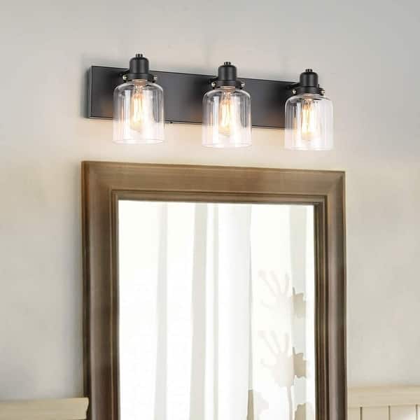 slide 1 of 5, 3 light black vanity wall lights farmhouse glass