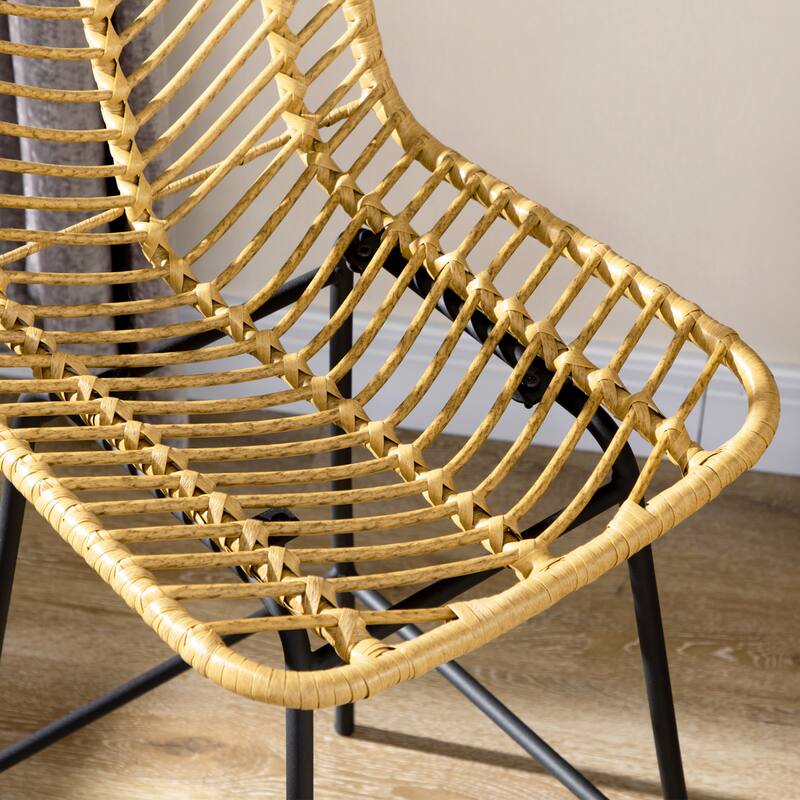 Rattan Bar Stools Set of 2, Wicker Counter Height Barstools with Steel Legs and Footrest for Dining Room, Kitchen, Pub, Yellow