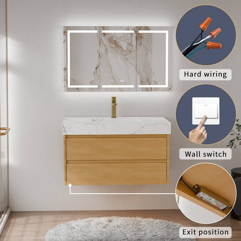 Modland 36" Floating Modern Bathroom Vanity with Single Sink,Maple Wood Wall Mounted Vanity with Marble Countertop - 36 Inch