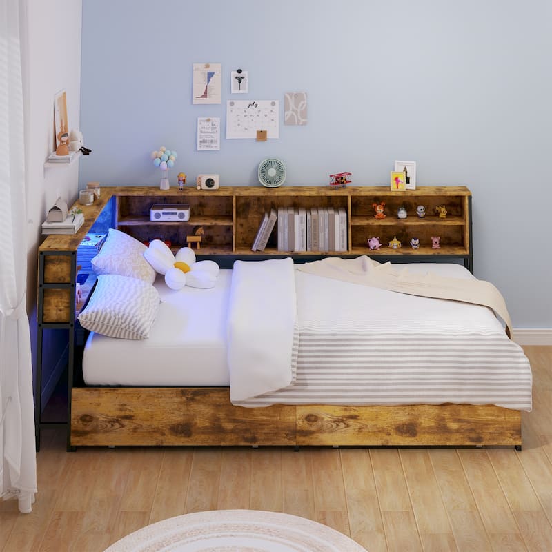 Twin Corner Daybed with Storage Drawers, Bookcase Headboard, LED Lighting & USB Charging Station