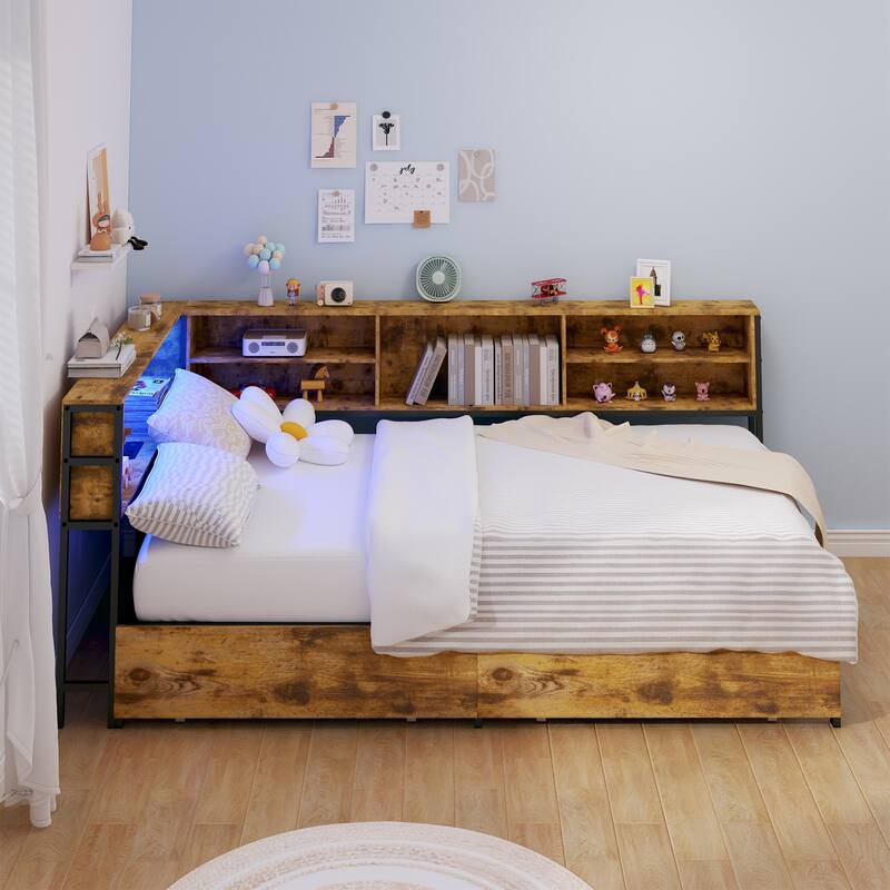 Twin Size Daybed w/ Storage Drawers Underneath Charging Station & LED Light Storage Bookcase