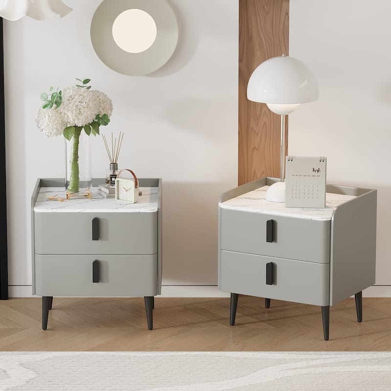 Nightstands Set of 2, Night Stand with 2 Drawers and Marble-Pattern Tabletop, Modern Beside Table for Bedroom