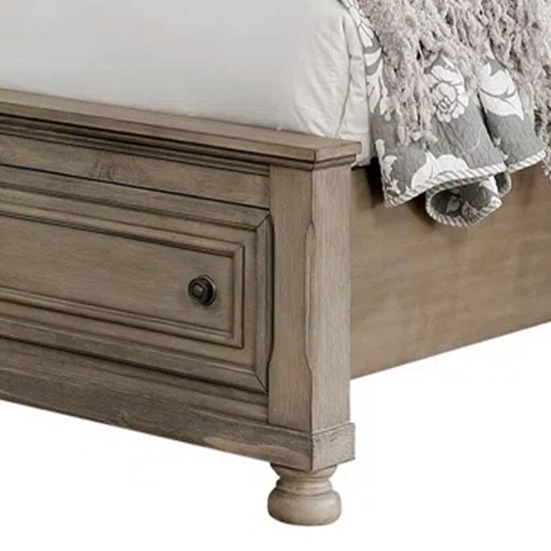 Ava Queen Bed with Footboard Storage and Bun Feet, Gray Solid Wood
