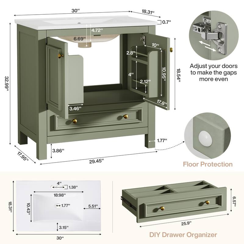 Bathroom Vanity with Sink, Solid Wood Frame Freestanding Vanity with Door Organizer and Drawer