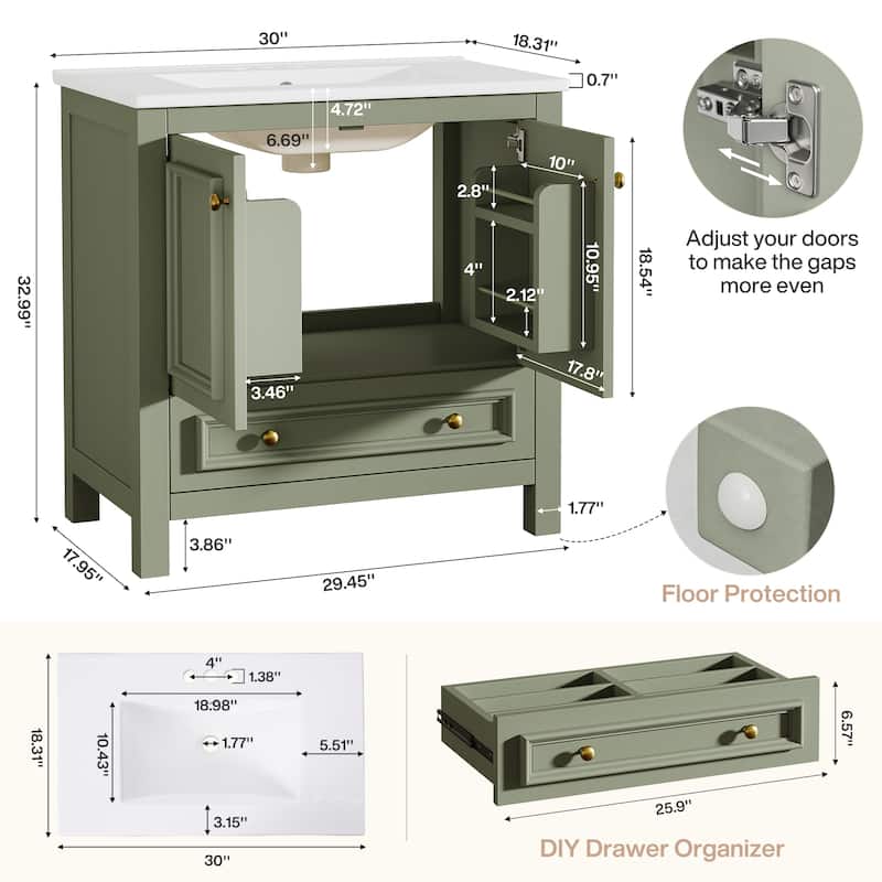 Modern Bathroom Vanity with Sink, Vanity Cabinet with Drawer and Door Organizer
