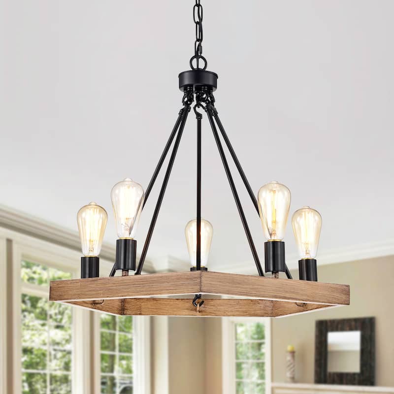Aafje Matte Black Pentagon 5 Light Wood Grain Paint Chandelier 24 Inch.