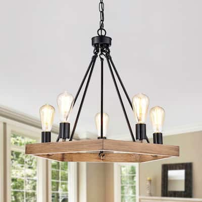 Aafje Matte Black Pentagon 5 Light Wood Grain Paint Chandelier 24 Inch.