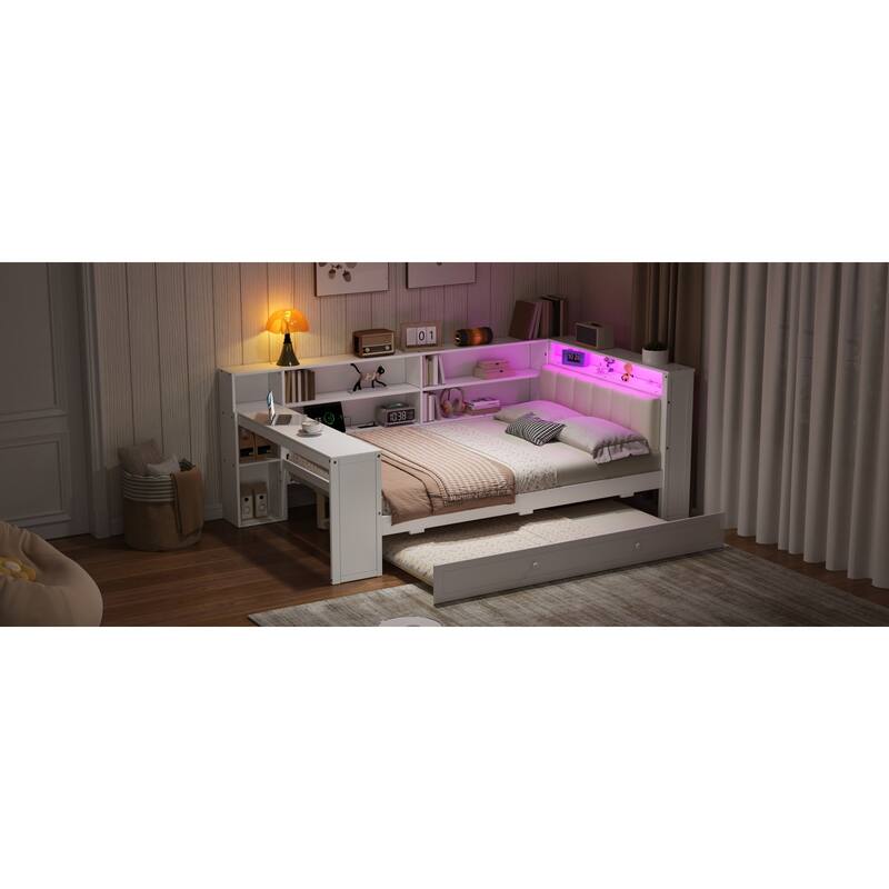Roomfitters Twin/Full Platform Bed with Trundle, LED Headboard, Charging Station and Storage