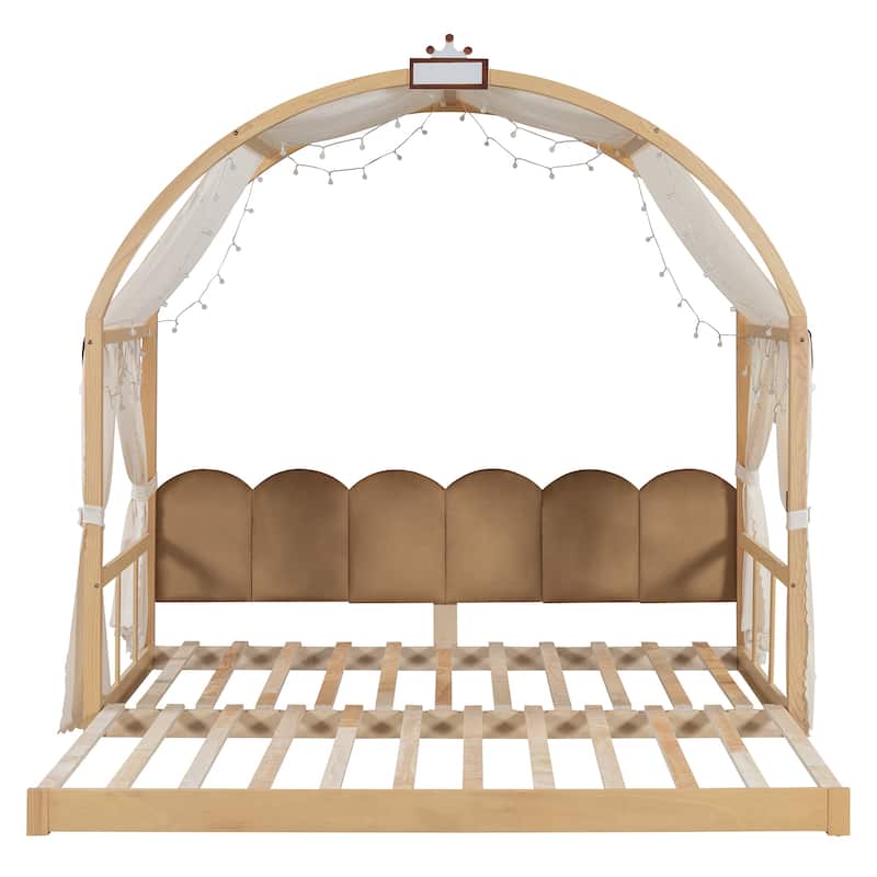 Wood Twin Size Bed Frame with Arched Roof, Floor Bed with Light and Curtain, Pull-out Kids Bed for Girls Boys Bedroom