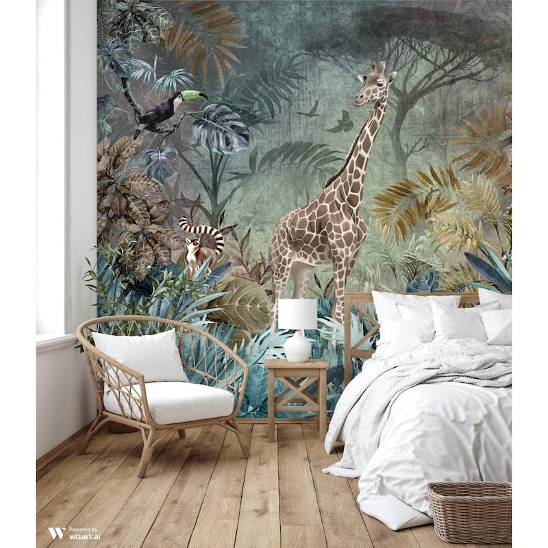 Enchanting Safari Wallpaper Mural Giraffe and Lemurs