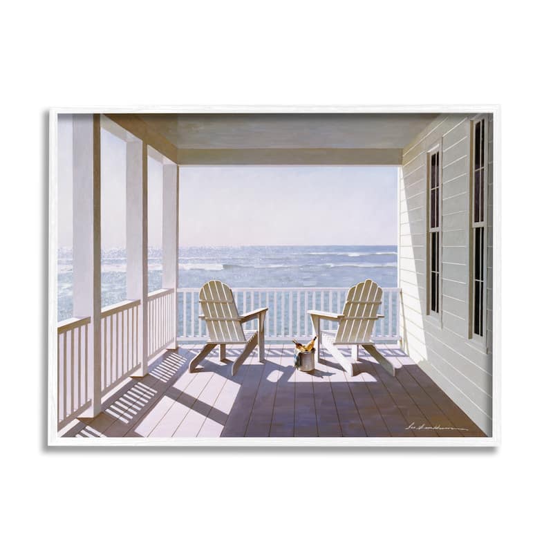 Stupell Porch Chairs Overlooking the Tide Realistic Painting Framed Giclee Texturized Art by Zhen-Huan Lu - 11 x 14 - White