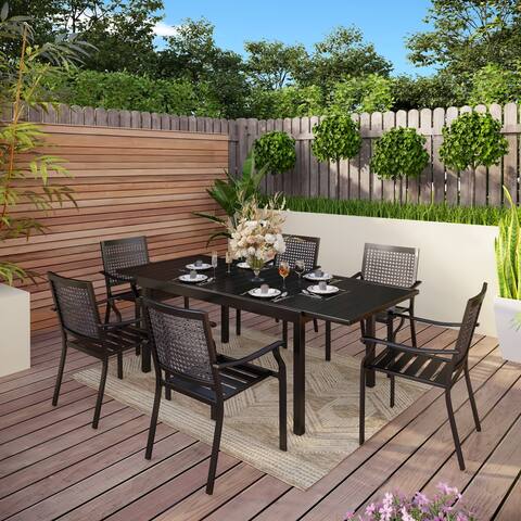 7/9-Piece Patio Dining Set Metal E-coating of 6 Upgraded Back Pattern Chairs & 1 Expandable Metal Table