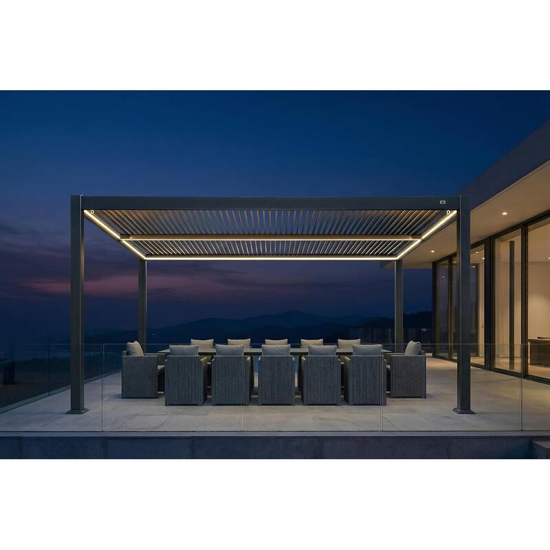 PURPLE LEAF Solar Louvered Pergola with LED String Lights Aluminum Outdoor Pergola with Adjustable Roof for Patio Garden - 10' x 16' - Grey
