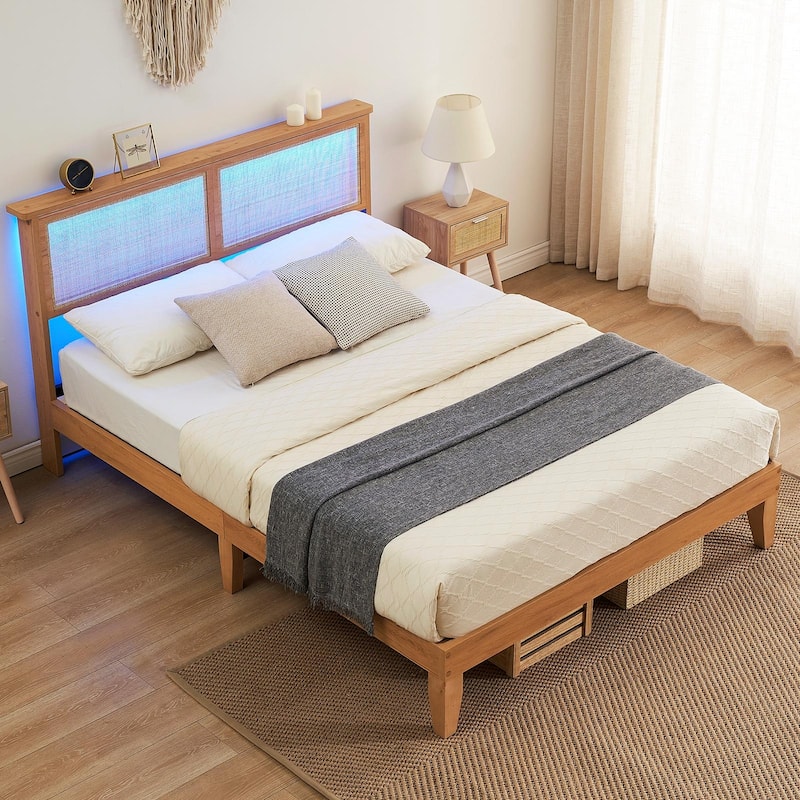 Bed Frame with Rattan Headboard and LED lights - Full