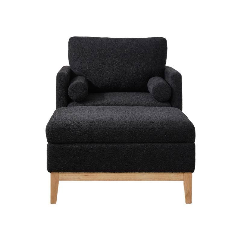 Boucle Farmhouse Armchair Set with Storage Ottoman and Natural Wood Legs