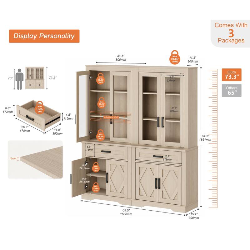 5 Tier Bookcase with Barn Door,73.3" Tall Open Storage Bookshelf