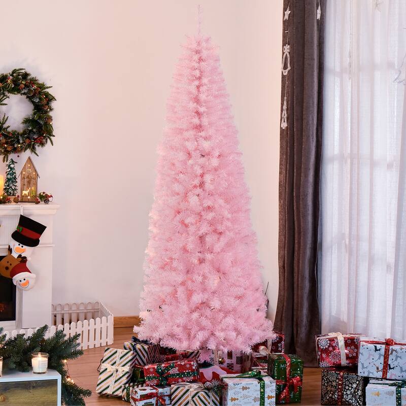 7ft Tall Unlit Pink Pencil Christmas Tree, Compact Slim Douglas Fir with 818 Tips & Easy Assembly