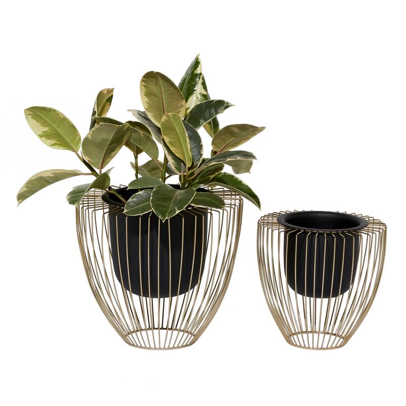 Metal Planter with Removable Gold Wire Stand - Set of 2 Black - Roche River Decor - 13"W x 13"L x 12"H