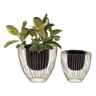 Metal Planter with Removable Gold Wire Stand - Set of 2 Black - Roche River Decor - 13"W x 13"L x 12"H