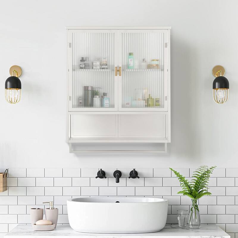 Modern Wall Cabinet With Double Glass Door Open Shelves Towel Racks Wall Mounted Design - 1