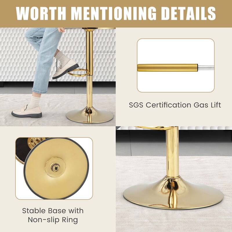 2 pcs Swivel Velvet Bar Stools Upholstered Adjustable Grey/Beige/Yellow