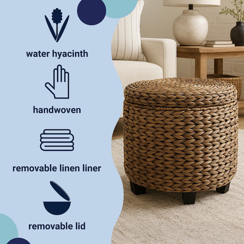 happimess Addie 17.72" Handwoven Water Hyacinth Storage Ottoman with Lid
