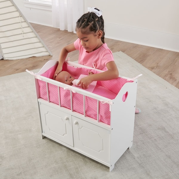 slide 2 of 11, Badger Basket Storage Doll Crib with Bedding and Free Personalization Kit - White