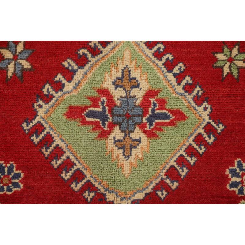 Red Geometric Kazak Area Rug Hand-Knotted Bedroom Wool Carpet - 6'2" x 10'2"