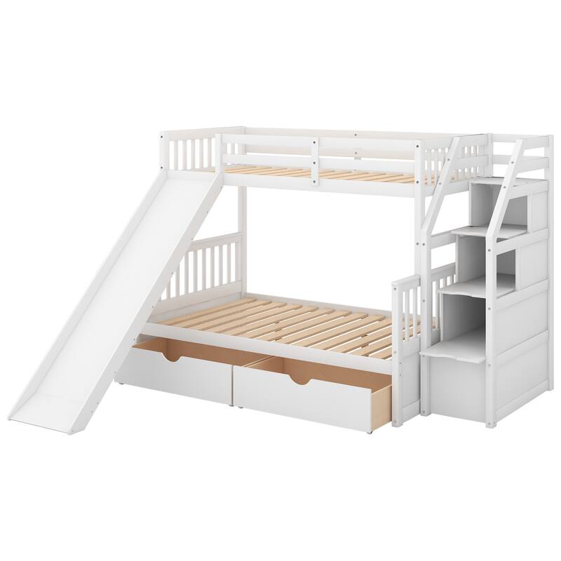 Multifunctional Twin over Full Bunk Bed with Drawers, Storage, and Slide, White
