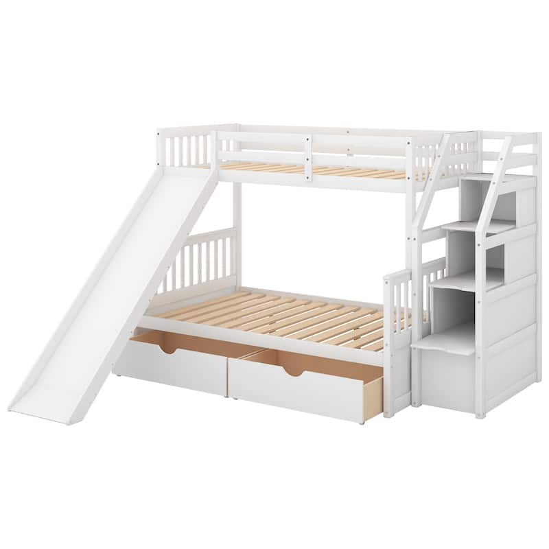 Twin over Full Bunk Bed with Drawers,Storage and Slide, Multifunction, Gray