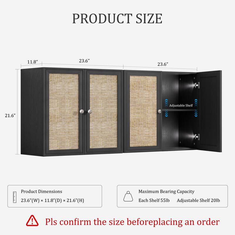 Rattan Wall Cabinets with Adjustable Shelf and LED Light Set of 2