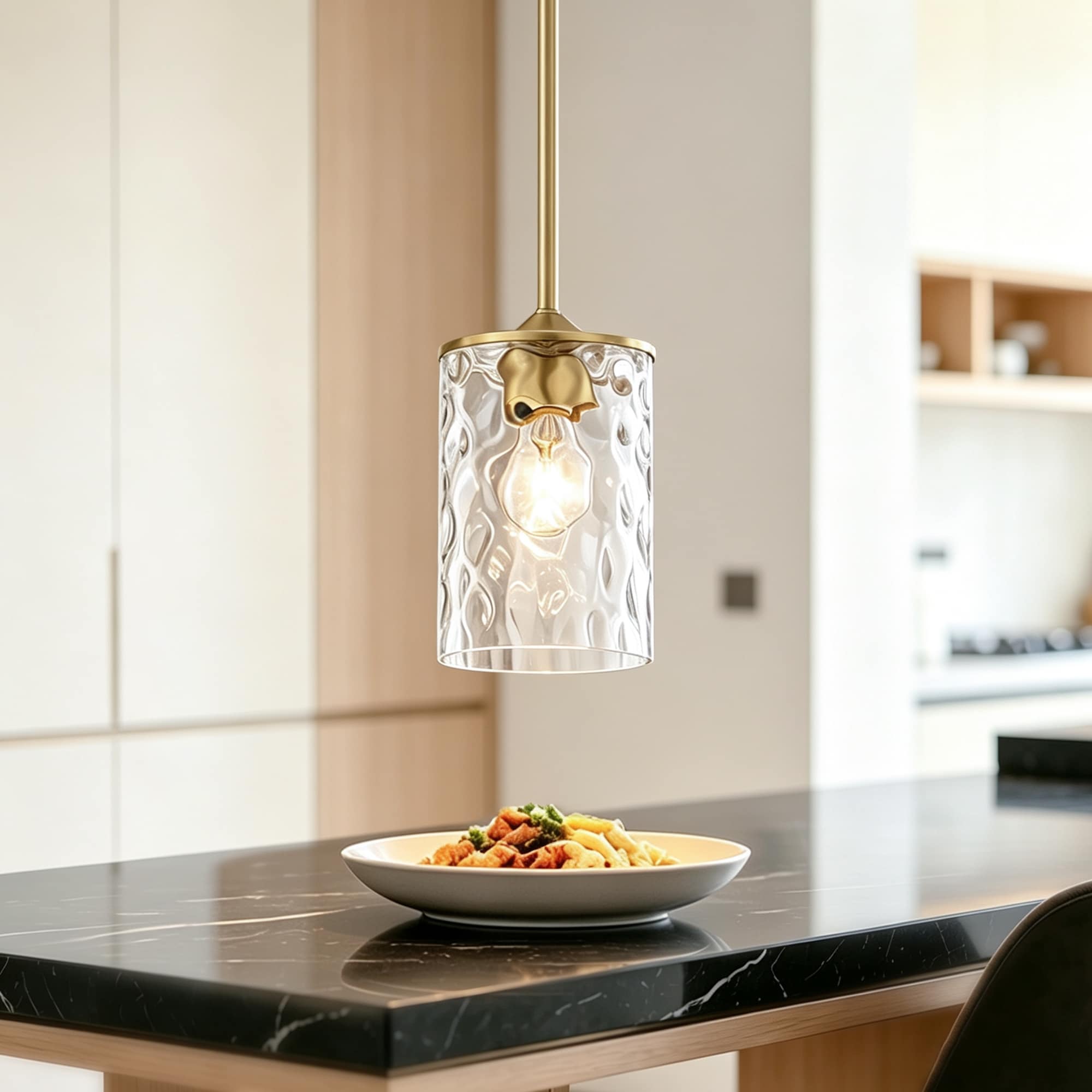 1-Light Hammered Clear Glass Mini Pendant, Adjustable Height Dimmable Hardwired, Matte Black / Brushed Nickel / Gold