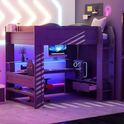 Solid Wood MDF Gaming Loft Bed with Desk, Multi-storage Shelves, LED and Charging Station