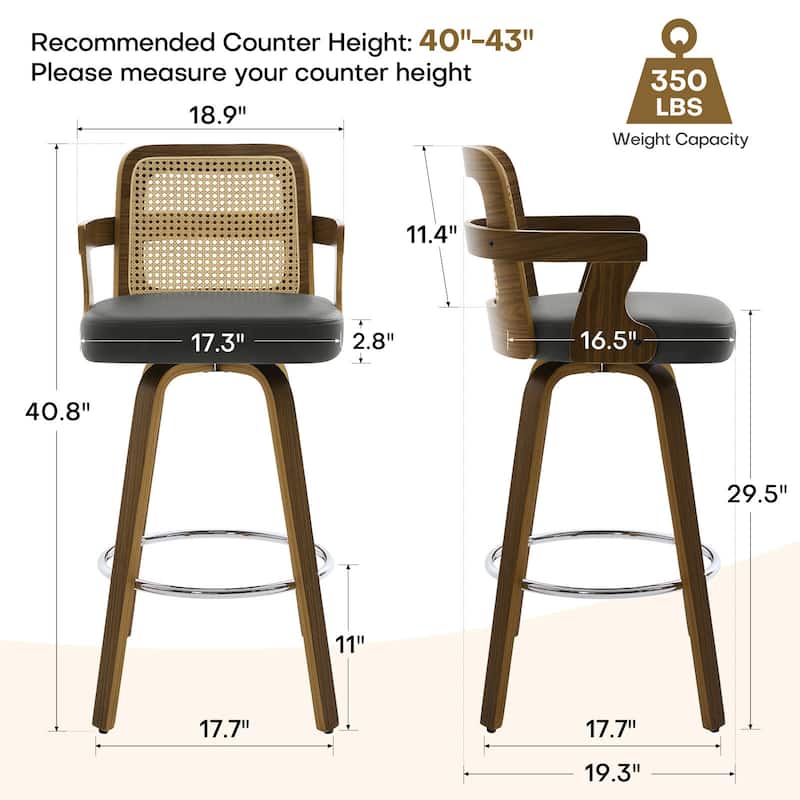 Upholstered Swivel Barstool with Arms and Bentwood Legs - 40.8"H x 18.9"W x 19.5"D/19.3"D